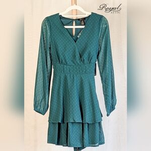 NWT - Japna Emerald Long Sleeve Surplice Bust Ruffle Skirt Swiss Dot Dress